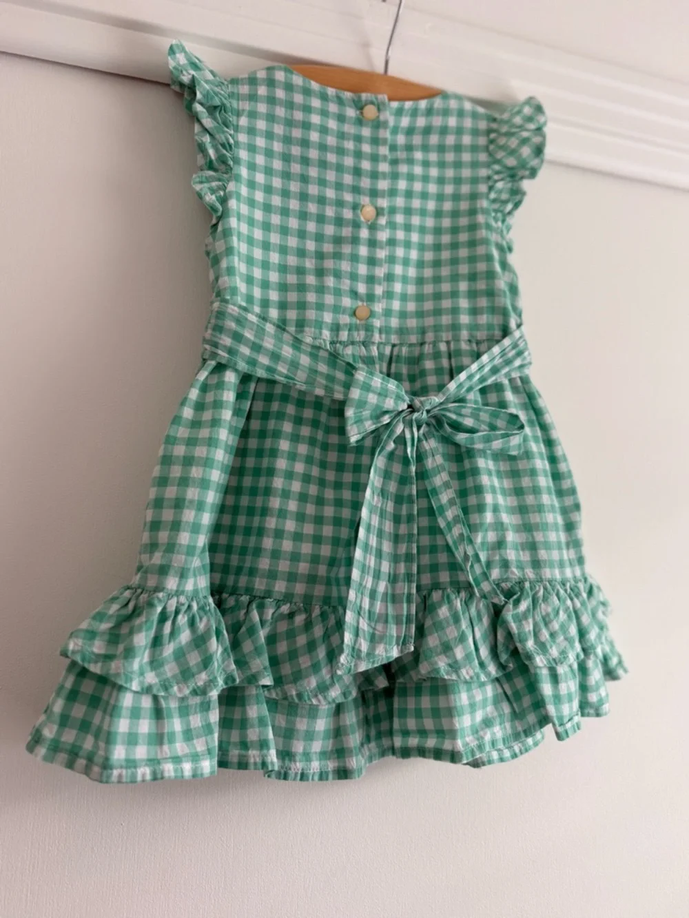 Chaps Toddler Girls 18M Green Gingham Dress Ruffle Hem Floral Detail - Picture 12 of 14